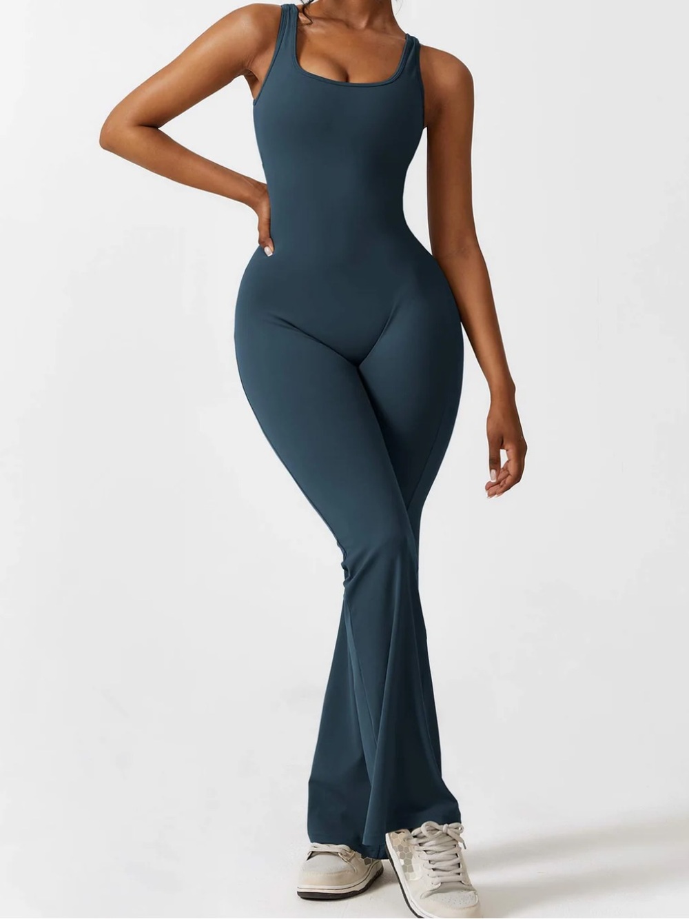 FANCY ADD "Lizvette" V Back Flare Leg Jumpsuit Women's Activewear Blue/Green-XL - Picture 4 of 4